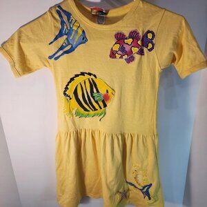 Oodles girls yellow short sleeve dress with fish raised embellishments Size 6x
